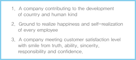 
						1. A company contributing to the development of country and human kind
						2. Ground to realize happiness and self-realization of every employee
						3. A company meeting customer satisfaction level with smile from truth, ability, sincerity, responsibility and confidence.