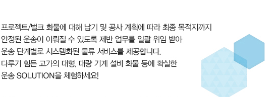 
						프로젝트/벌크 화물에 대해 납기 및 공사 계획에 따라 최종 목적지까지 안정된 운송이 이뤄질 수 있도록 제반 업무를 일괄 위임 받아 
						운송 단계별로 시스템화된 물류 서비스를 제공합니다. 
						다루기 힘든 고가의 대형, 대량 기계 설비 화물 등에 확실한 
						운송 SOLUTION을 체험하세요!